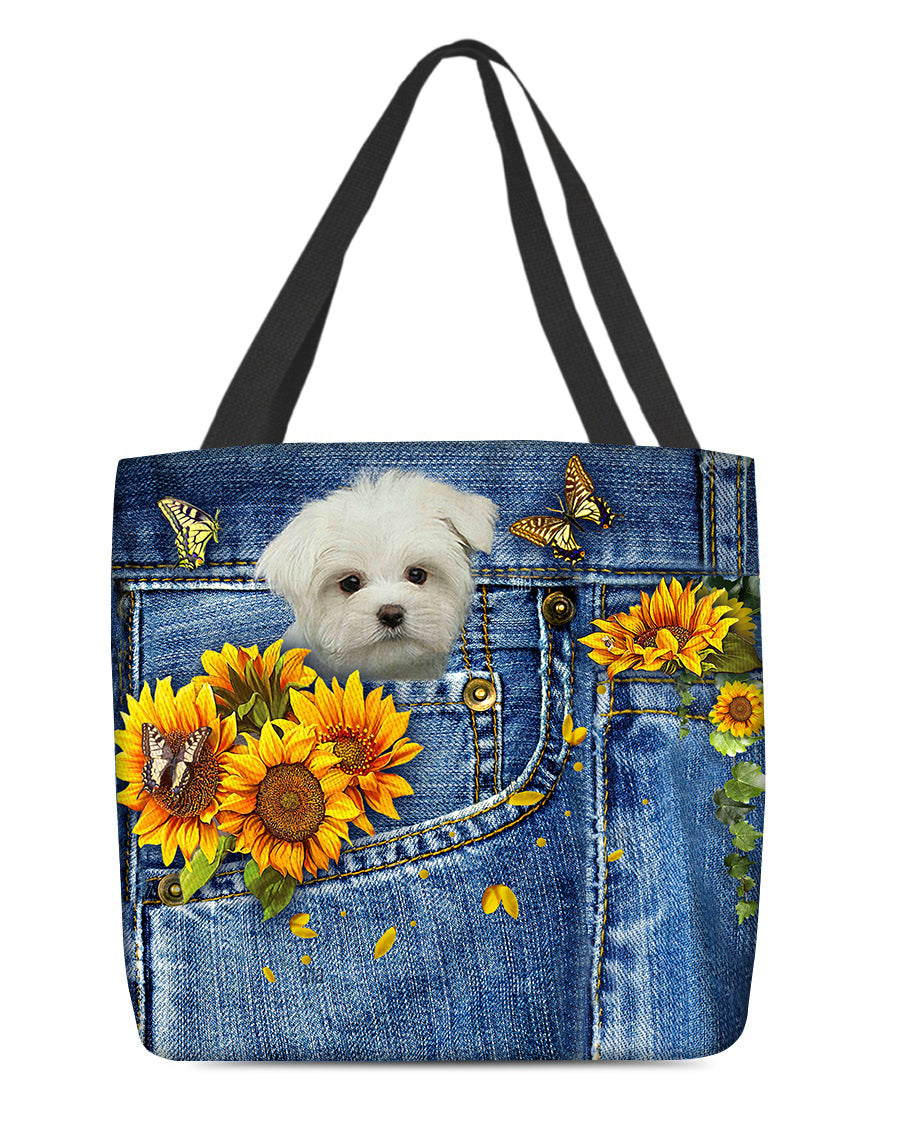 White Maltese-Sunflowers &amp; Butterflies Cloth Tote Bag