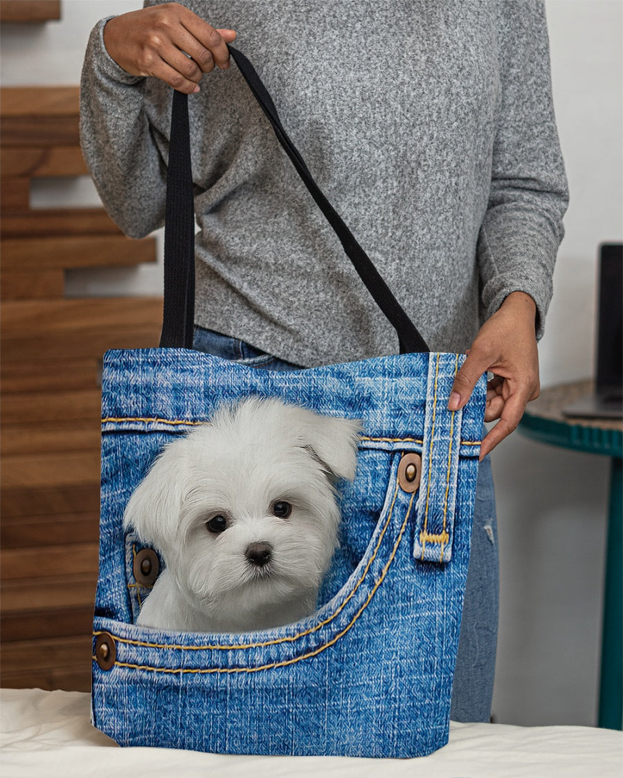 white Maltese-in pocket-Cloth Tote Bag