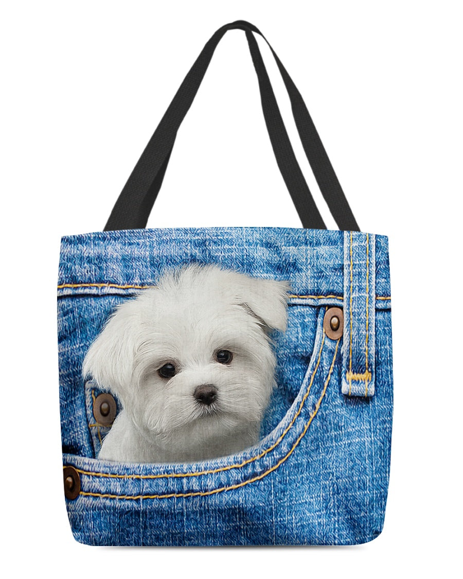 white Maltese-in pocket-Cloth Tote Bag
