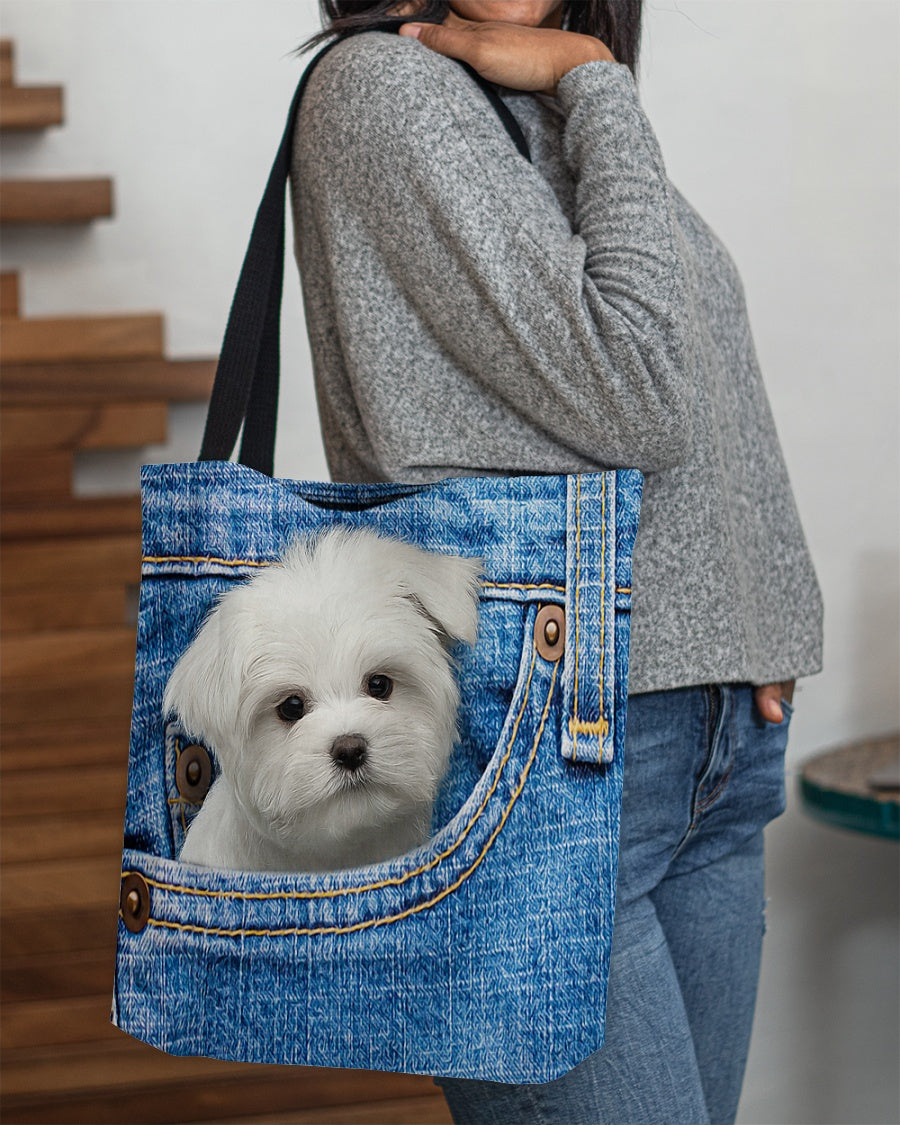 white Maltese-in pocket-Cloth Tote Bag