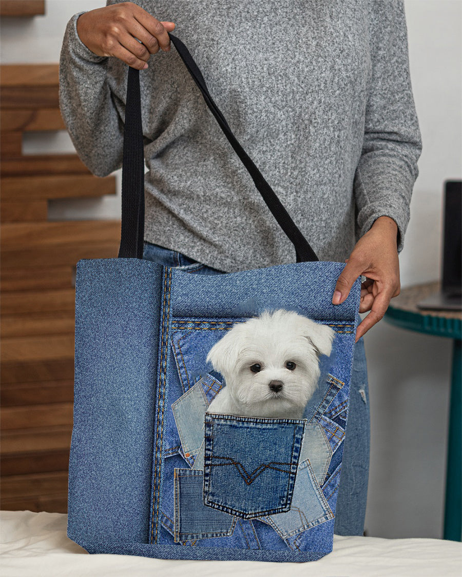 white Maltese-in pocket2-Cloth Tote Bag