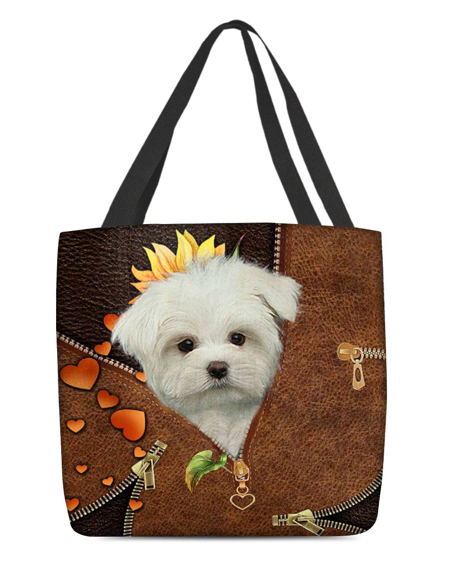 White Maltese-Sunflower&amp;zipper Cloth Tote Bag
