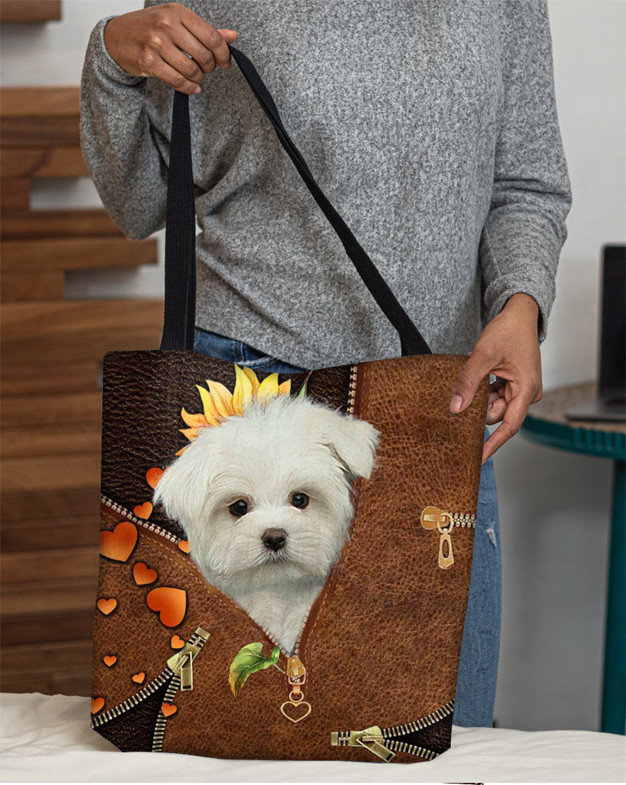 White Maltese-Sunflower&amp;zipper Cloth Tote Bag