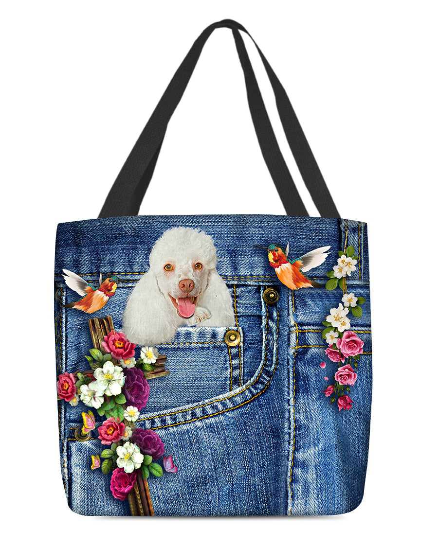 White Poodle-Cardinal &amp; Cross Flower Cloth Tote Bag