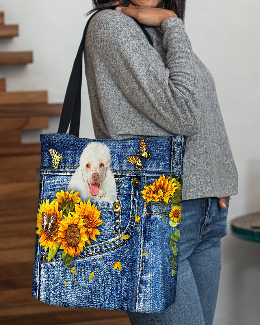 White poodle-Sunflowers &amp; Butterflies Cloth Tote Bag