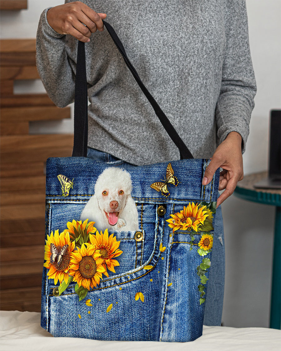 White poodle-Sunflowers &amp; Butterflies Cloth Tote Bag