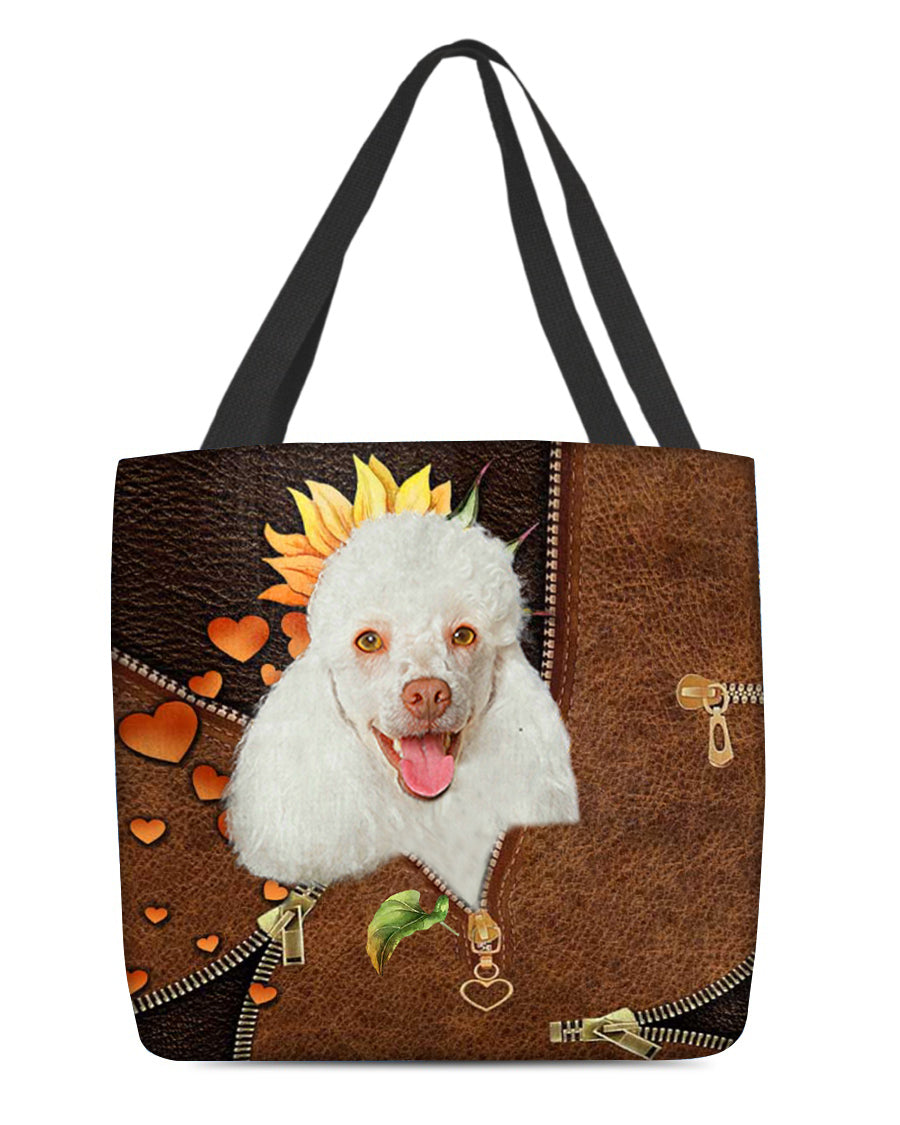 White poodle-Sunflower&amp;zipper Cloth Tote Bag