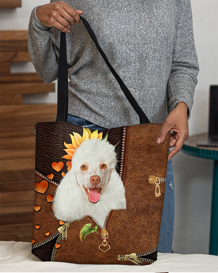 White poodle-Sunflower&amp;zipper Cloth Tote Bag