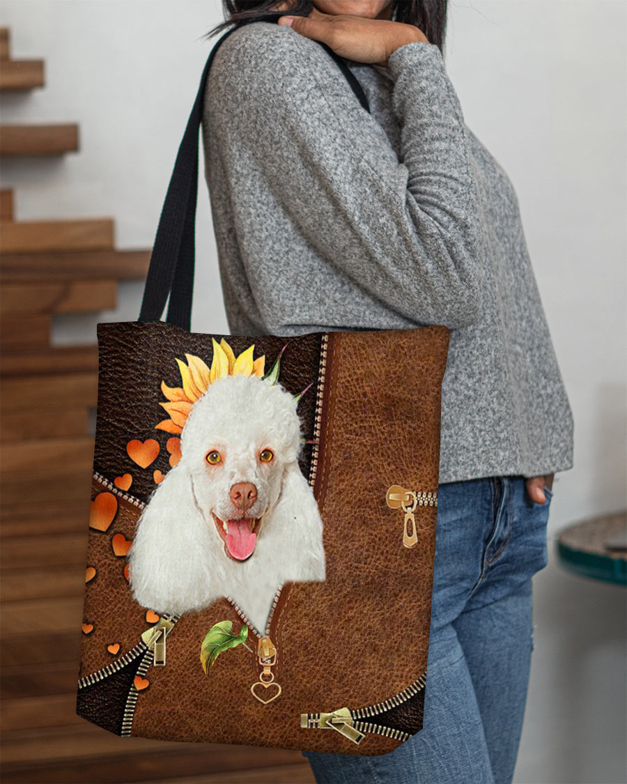 White poodle-Sunflower&amp;zipper Cloth Tote Bag